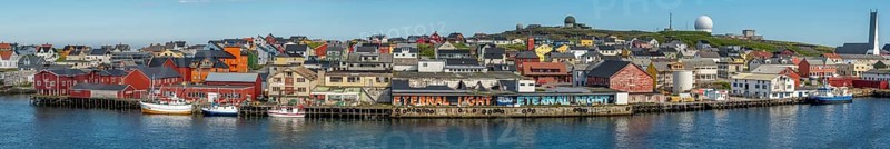 Panoramic photo harbour and town view, Street Art Eternal Light Eternal Night, observatory, church, Vardø, Finnmark, Norway, Scandinavia, Europe, adventure travel, place of worship, astronomy, tourism, religious community, place of worship, graffiti eternal light eternal night, Hurtigruten, Hurtigruten voyage, parish, denomination, cruise, NOR, panorama, panoramic view, panoramic photo, pile dwellings, travel, destination, religion, sea voyage, sightseeing, tourism, Vardø Church, Norwegian, Scandinavian, touristic