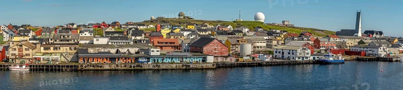 Panoramic photo harbour and town view, Street Art Eternal Light Eternal Night, observatory, church, Vardø, Finnmark, Norway, Scandinavia, Europe, adventure travel, place of worship, astronomy, tourism, religious community, place of worship, graffiti eternal light eternal night, Hurtigruten, Hurtigruten voyage, parish, denomination, cruise, NOR, panorama, panoramic view, panoramic photo, pile dwellings, travel, destination, religion, sea voyage, sightseeing, tourism, Vardø Church, Norwegian, Scandinavian, touristic