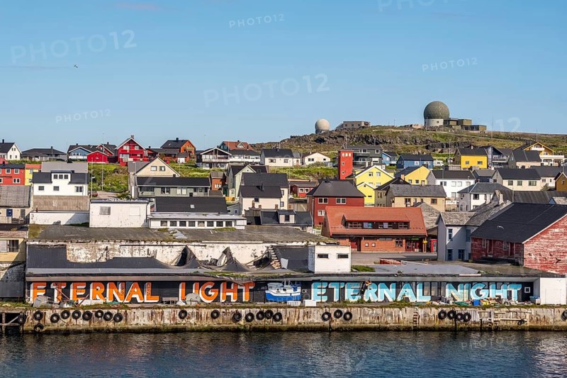 Harbour and town view, Street Art Eternal Light Eternal Night, observatory, church, Vardø, Finnmark, Norway, Scandinavia, Europe, adventure trip, place of worship, astronomy, tourism, religious community, place of worship, graffiti eternal light eternal night, Hurtigruten, Hurtigruten trip, church community, denomination, cruise, NOR, trip, destination, religion, sea trip, sightseeing, tourism, Vardø church, Norwegian, Scandinavian, touristic