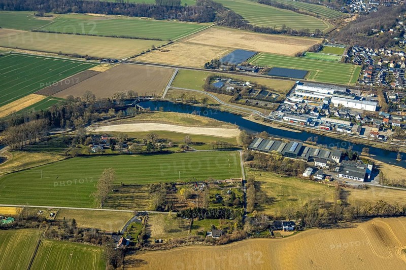 Aerial view, river Ruhr with weir, dry riverbed Am Graben, Wimbern, Wickede, Soester Börde, North Rhine-Westphalia, Germany, DE, Europe, aerial view, aerial photography, aerial photography, overview, bird's eye view, Wickede (Ruhr), birds-eyes view, overview