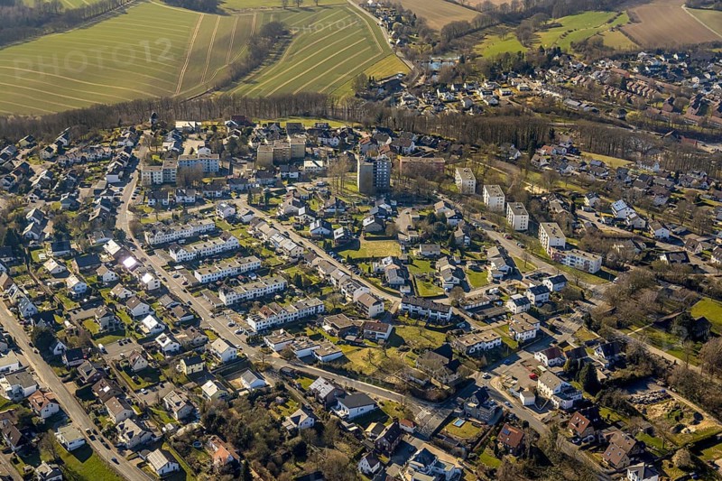 Aerial view, local view residential area around Antoniusstraße, mountain chapel at the edge of the forest, Wickede, Soester Börde, North Rhine-Westphalia, Germany, DE, single-family houses, Europe, property tax, high-rise buildings, real estate, aerial view, aerial photography, aerial photography, multi-family houses, apartment buildings, terraced houses, overview, bird's-eye view, Wickede (Ruhr), residential area, living and living, residential area, residential quality, residential neighbourhood, housing estate, residential area, birds-eyes view, overview