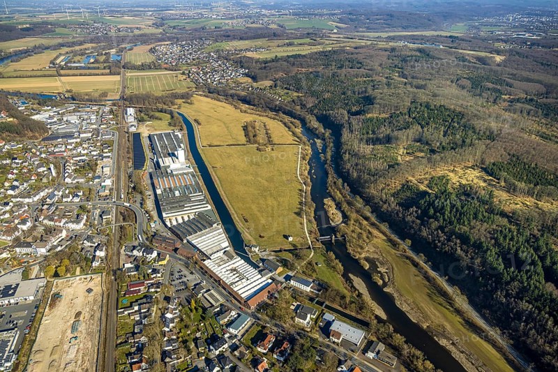 Aerial view, Wickeder Westfalenstahl factory premises, river Ruhr and Ruhraue at the forest, behind district Echthausen, Wickede, Soester Börde, North Rhine-Westphalia, Germany, DE, Europe, commercial enterprises, commercial area, commercial area, commercial property, commercial park, commercial location, commercial use, industrial area, industrial location, aerial view, aerial photography, aerial photography, overview, bird's eye view, Wickede (Ruhr), birds-eyes view, overview
