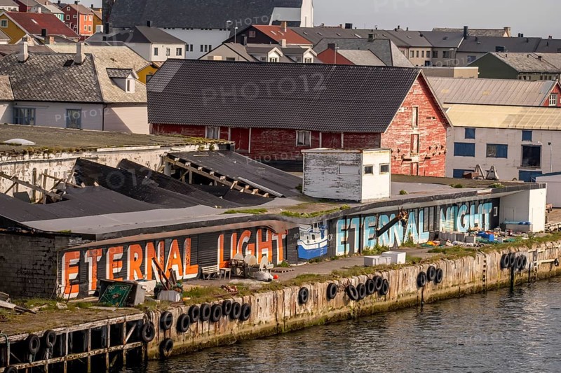 Street Art Eternal Light Eternal Night, harbour Vardø, Finnmark, Norway, Scandinavia, Europe, adventure travel, tourism, graffiti eternal light eternal night, Hurtigruten, Hurtigruten voyage, cruise, NOR, pile dwellings, travel, destination, sea voyage, sightseeing, tourism, Norwegian, Scandinavian, touristic, easternmost municipality of Norway
