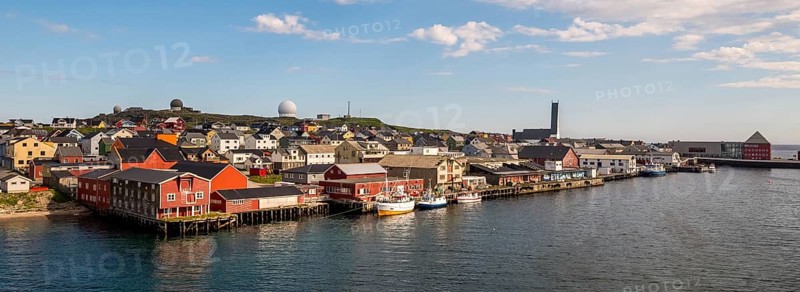 Panorama, Vardø Observatory, harbour with fishing boats, church and view of Vardø, Finnmark, Norway, Scandinavia, Europe, adventure trip, place of worship, astronomy, boats, tourism, religious community, place of worship, Hurtigruten, Hurtigruten voyage, church, church community, denomination, cruise, Maximilian Hell and the Venus transit, NOR, pile dwellings, travel, destination, religion, ship, ships, sea voyage, sightseeing, observatory, tourism, Norwegian, Scandinavian, tourist, easternmost municipality in Norway