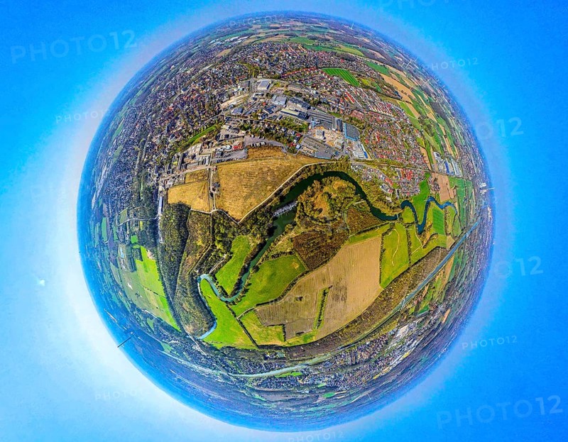 Aerial view, former. Werne colliery shaft 1/2, brownfield area Flöz-Zollverein-Straße, Lippe floodplain with waterfall, globe, fisheye image, fisheye image, 360 degree image, tiny world, little planet, fisheye image, Werne, Ruhr area, North Rhine-Westphalia, Germany, DE, Europe, fisheye lens, fisheye lens, aerial view, aerial photography, aerial photography, Münsterland, super wide angle lens, overview, bird's eye view, birds-eyes view, fisheye lens, insta360 camera, overview