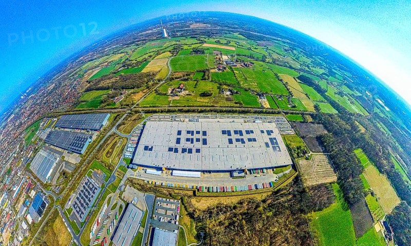 Aerial photography, Amazon logistics, Amazon DE DTM1, earth globe, fisheye shot, fisheye shot, 360 degree shot, tiny world, little planet, fisheye image, Lenklar, Werne, Ruhr area, North Rhine-Westphalia, Germany, DE, Europe, fisheye lens, fisheye lens, aerial photography, aerial photography, aerial photography, Münsterland, super wide angle lens, overview, bird's eye view, birds-eyes view, fisheye lens, insta360 camera, overview