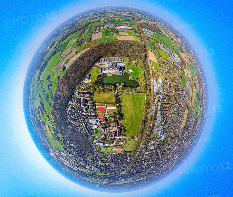 Aerial photo, Werne am See hospital, forest strip, globe, fisheye image, fisheye image, 360 degree image, tiny world, little planet, fisheye image, Werne, Ruhr area, North Rhine-Westphalia, Germany, DE, Europe, fisheye lens, fisheye lens, healthcare, hospital, clinic, hospital, hospital centre, hospital, aerial photography, aerial photography, aerial photography, medical facility, medical aid, Münsterland, super wide angle lens, overview, bird's eye view, birds-eyes view, fisheye lens, insta360 camera, overview, medical care