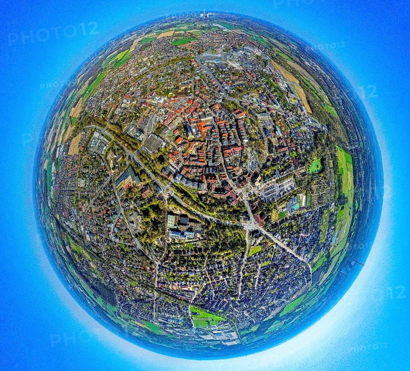 Aerial view, residential area, view of town centre, earth globe, fisheye shot, fisheye shot, 360 degree shot, tiny world, little planet, fisheye image, Werne, Ruhr area, North Rhine-Westphalia, Germany, DE, Europe, fisheye lens, fisheye lens, property tax, real estate, aerial photography, aerial photography, aerial photography, Münsterland, super wide angle lens, overview, bird's eye view, housing estate, housing and living, residential area, quality of living, residential neighbourhood, housing estate, residential area, birds-eyes view, fisheye lens, insta360 camera, overview