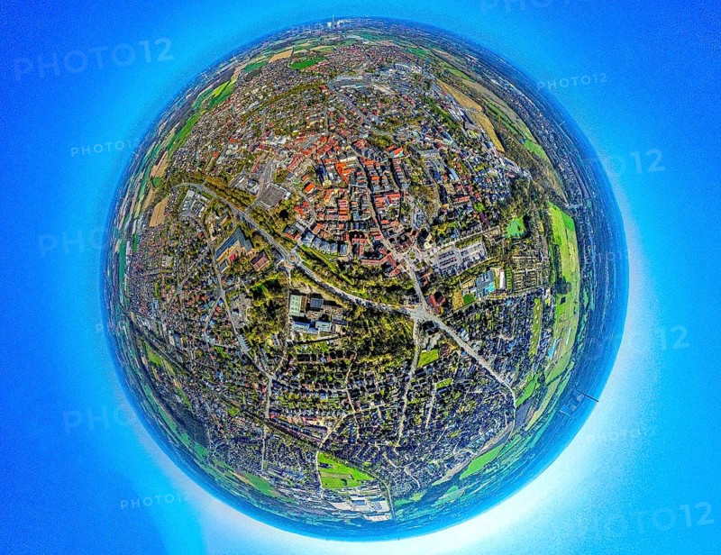 Aerial view, residential area, view of town centre, earth globe, fisheye shot, fisheye shot, 360 degree shot, tiny world, little planet, fisheye image, Werne, Ruhr area, North Rhine-Westphalia, Germany, DE, Europe, fisheye lens, fisheye lens, property tax, real estate, aerial photography, aerial photography, aerial photography, Münsterland, super wide angle lens, overview, bird's eye view, housing estate, housing and living, residential area, quality of living, residential neighbourhood, housing estate, residential area, birds-eyes view, fisheye lens, insta360 camera, overview