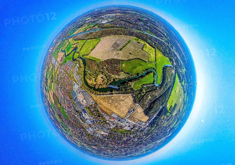 Aerial view, Lippe floodplain nature reserve with river Lippe meander and Lippe floodplain waterfall, globe, fisheye image, 360 degree image, tiny world, little planet, fisheye image, Rünthe, Bergkamen, Ruhr area, North Rhine-Westphalia, Germany, DE, Europe, fisheye lens, fisheye lens, aerial photography, aerial photography, aerial photography, Münsterland, super wide angle lens, overview, bird's eye view, Werne, birds-eyes view, fisheye lens, insta360 camera, overview