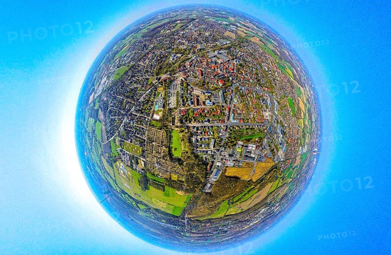 Aerial view, residential area local view Werne-Stockum, earth globe, fisheye shot, fisheye shot, 360 degree shot, tiny world, little planet, fisheye image, Werne, Ruhr area, North Rhine-Westphalia, Germany, DE, Europe, fisheye lens, fisheye lens, property tax, real estate, aerial photography, aerial photography, aerial photography, Münsterland, super wide angle lens, overview, bird's eye view, housing estate, housing and living, residential area, quality of living, residential neighbourhood, housing estate, residential area, birds-eyes view, fisheye lens, insta360 camera, overview