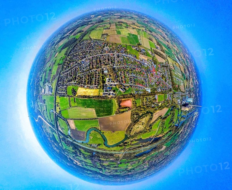 Aerial view, residential area local view Werne-Stockum, earth globe, fisheye shot, fisheye shot, 360 degree shot, tiny world, little planet, fisheye image, Werne, Ruhr area, North Rhine-Westphalia, Germany, DE, Europe, fisheye lens, fisheye lens, property tax, real estate, aerial photography, aerial photography, aerial photography, Münsterland, super wide angle lens, overview, bird's eye view, housing estate, housing and living, residential area, quality of living, residential neighbourhood, housing estate, residential area, birds-eyes view, fisheye lens, insta360 camera, overview