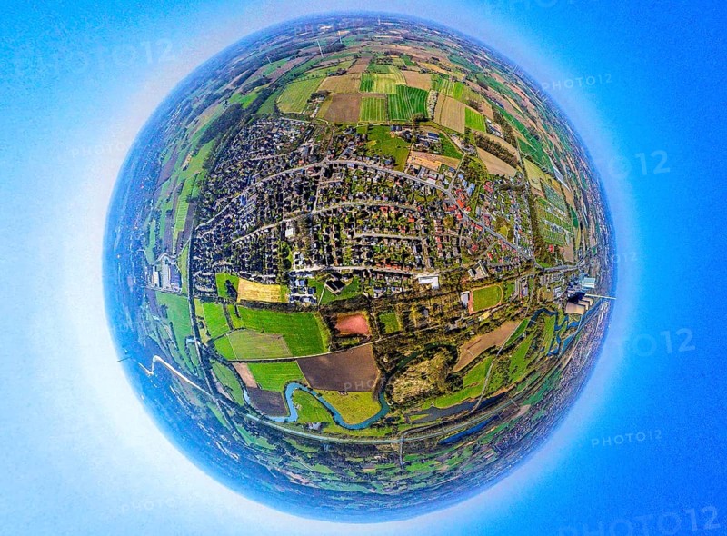 Aerial view, residential area local view Werne-Stockum, earth globe, fisheye shot, fisheye shot, 360 degree shot, tiny world, little planet, fisheye image, Werne, Ruhr area, North Rhine-Westphalia, Germany, DE, Europe, fisheye lens, fisheye lens, property tax, real estate, aerial photography, aerial photography, aerial photography, Münsterland, super wide angle lens, overview, bird's eye view, housing estate, housing and living, residential area, quality of living, residential neighbourhood, housing estate, residential area, birds-eyes view, fisheye lens, insta360 camera, overview