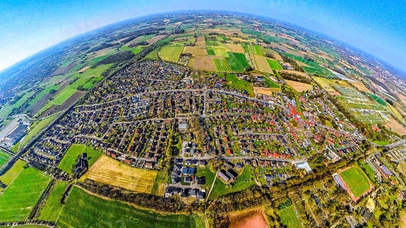 Aerial view, residential area local view Werne-Stockum, earth globe, fisheye shot, fisheye shot, 360 degree shot, tiny world, little planet, fisheye image, Werne, Ruhr area, North Rhine-Westphalia, Germany, DE, Europe, fisheye lens, fisheye lens, property tax, real estate, aerial photography, aerial photography, aerial photography, Münsterland, super wide angle lens, overview, bird's eye view, housing estate, housing and living, residential area, quality of living, residential neighbourhood, housing estate, residential area, birds-eyes view, fisheye lens, insta360 camera, overview