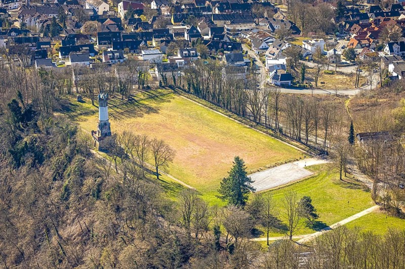 Aerial view, Harkort tower and sports field, viewing platform, Wetter, Ruhr area, North Rhine-Westphalia, Germany, observation tower, DE, Europe, aerial view, aerial photography, aerial photography, sports field, tower, overview, bird's eye view, Wetter (Ruhr), birds-eyes view, overview