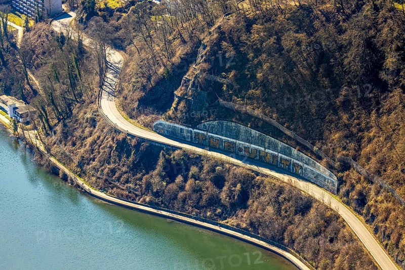 Aerial view, beach path - hiking trail and cycle path at the Harkortsee, catchment grid on the mountain and graffiti lettering The Unity, Wetter, Ruhr area, North Rhine-Westphalia, Germany, DE, Europe, aerial view, aerial photography, aerial photography, overview, bird's-eye view, Wetter (Ruhr), birds-eyes view, overview