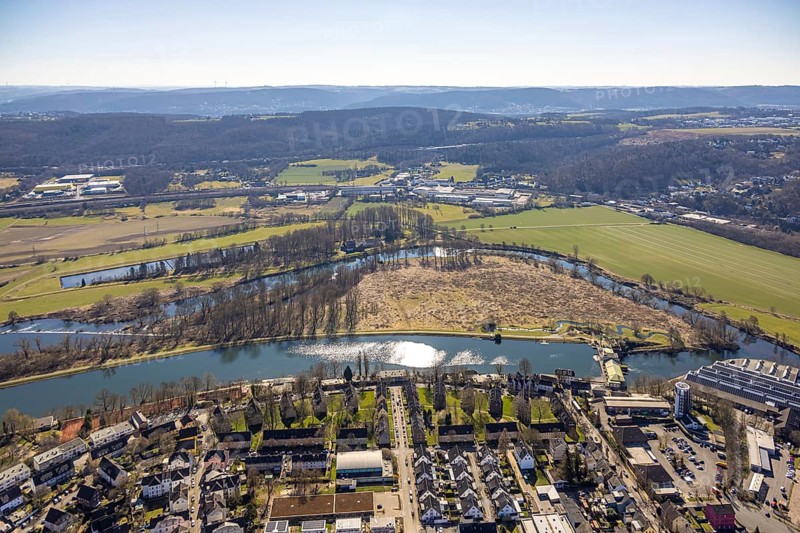 Aerial view, residential area Ringstraße am Obergraben and river Ruhr with community waterworks Volmarstein, behind commercial area Volmarsteiner Straße with Remystahl GmbH & Co. KG, forest and hilly landscape, Wetter, Ruhr area, North Rhine-Westphalia, Germany, DE, Europe, river, commercial enterprises, commercial area, commercial area, commercial property, commercial park, commercial location, commercial use, property tax, real estate, industrial area, industrial location, aerial view, aerial photography, aerial photography, overview, bird's eye view, forest, Wetter (Ruhr), residential area, living and life, residential area, residential quality, residential neighbourhood, housing estate, residential district, bird's eye view, overview
