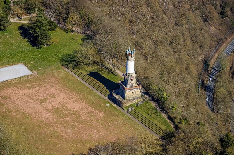 Aerial view, Harkort tower and sports field, viewing platform, Wetter, Ruhr area, North Rhine-Westphalia, Germany, observation tower, DE, Europe, aerial view, aerial photography, aerial photography, sports field, tower, overview, bird's eye view, Wetter (Ruhr), birds-eyes view, overview