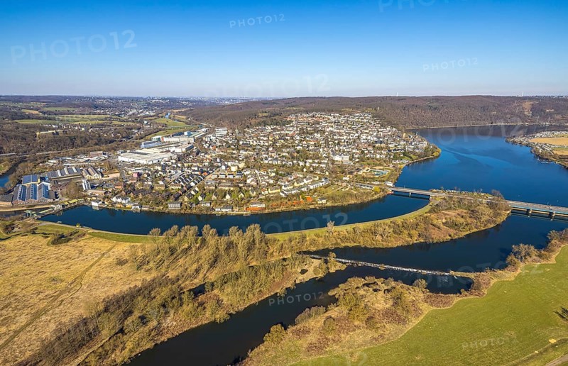Aerial view, local view residential area with river Ruhr and Obergraben and Obergrabenbrücke Friedrichstraße, left HSOS Industrial Services GmbH industrial plant supplier with solar roof, Wetter, Ruhr area, North Rhine-Westphalia, Germany, DE, Europe, property tax, real estate, aerial view, aerial photography, aerial photography, overview, bird's-eye view, Wetter (Ruhr), residential area, housing and living, residential area, quality of living, residential neighbourhood, housing estate, residential area, birds-eyes view, overview