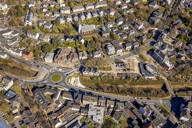 Aerial view, redesign of roundabout at Kaiserstrasse, Wetter, Ruhr area, North Rhine-Westphalia, Germany, construction work, construction area, construction site, building plots, construction project, construction site, DE, Europe, roundabout, aerial view, aerial photography, aerial photography, new construction, overview, bird's eye view, Wetter (Ruhr), birds-eyes view, overview