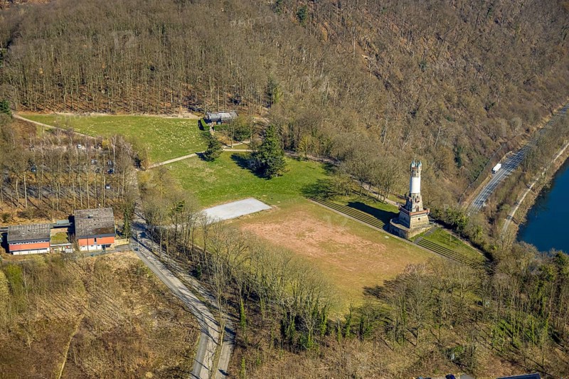 Aerial view, Harkort tower and sports field, viewing platform, Wetter, Ruhr area, North Rhine-Westphalia, Germany, observation tower, DE, Europe, aerial view, aerial photography, aerial photography, sports field, tower, overview, bird's eye view, Wetter (Ruhr), birds-eyes view, overview
