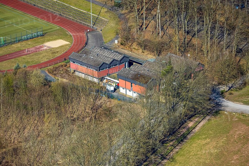 Aerial view, clubhouse at the sports ground of FC Wetter 1910/30 at the Harkortbergstadion football stadium, Wetter, Ruhr area, North Rhine-Westphalia, Germany, DE, Europe, football, aerial view, aerial photography, aerial photography, stadium, overview, bird's-eye view, Wetter (Ruhr), birds-eyes view, overview