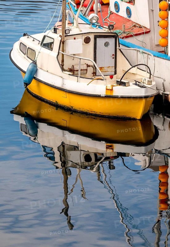 Fishing boat with reflection in the harbour of Honningsvåg, Finnmark, Norway, Scandinavia, Europe, adventure travel, boats, tourism, harbour, Honningsvåg, Hurtigruten, Hurtigruten trip, cruise, NOR, travel, destination, ship, ships, sea voyage, sightseeing, tourism, Norwegian, Scandinavian, touristic