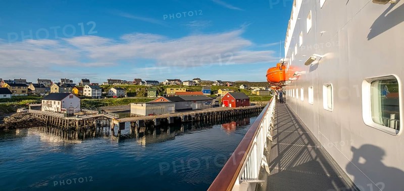 Ship railing and town view, Mehamn, Finnmark, Norway, Scandinavia, Europe, adventure travel, tourism, Hurtigruten, Hurtigruten voyage, cruise, cruise ship, NOR, panorama, journey, destination, railing, ship, ship MS Polarlys, shipping, sea voyage, sightseeing, tourism, Norwegian, Scandinavian, touristic