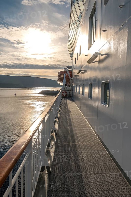 Ship railing in the evening light, Mehamn, Finnmark, Norway, Scandinavia, Europe, adventure travel, tourism, Hurtigruten, Hurtigruten voyage, cruise, cruise ship, NOR, journey, destination, railing, ship, ship MS Polarlys, shipping, sea voyage, sightseeing, tourism, Norwegian, Scandinavian, touristic