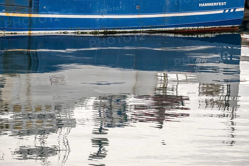 Ship bow with reflection, Honningsvåg, Finnmark, Norway, Scandinavia, Europe, adventure travel, tourism, Honningsvåg, Hurtigruten, Hurtigruten voyage, cruise, NOR, journey, destination, ship, sea voyage, sightseeing, tourism, Valdimar H Hammerfest ship name, Norwegian, Scandinavian, touristic