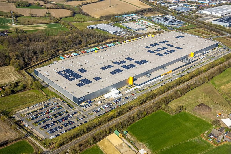 Aerial photo, Amazon logistics, Amazon DE DTM1, Lenklar, Werne, Ruhr area, North Rhine-Westphalia, Germany, DE, Europe, freight transport, logistics, logistics service, logistics service provider, logistics provider, logistics centre, aerial photo, aerial photography, aerial photography, Münsterland, forwarding, transport, transport service, overview, bird's-eye view, overview