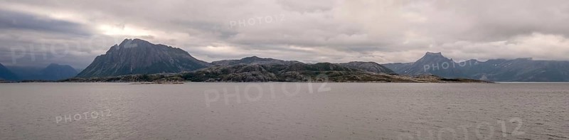 Panoramic photo, coast, Rødøy, Nordland, Norway, Scandinavia, Europe, adventure travel, tourism, mountain, mountain range, Hurtigruten, Hurtigruten voyage, cruise, coastal landscape, coastal strip, NOR, travel, destination, Rødøy, sea voyage, sightseeing, tourism, Norwegian, Scandinavian, touristic