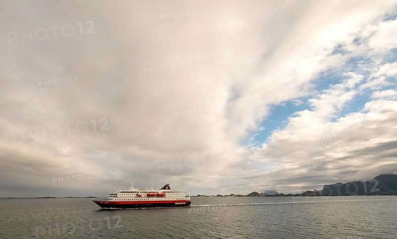 Ship MS Kong Harald, Bolga, Nordland, Norway, Scandinavia, Europe, adventure travel, tourism, Hurtigruten, Hurtigruten tour, cruise, cruise ship, coast, coastal landscape, coastal region, coastal strip, liner service, NOR, passenger ship, shipping company Hurtigruten AS, journey, destination, ship, sea voyage, sightseeing, tourism, clouds, Norwegian, Scandinavian, touristic