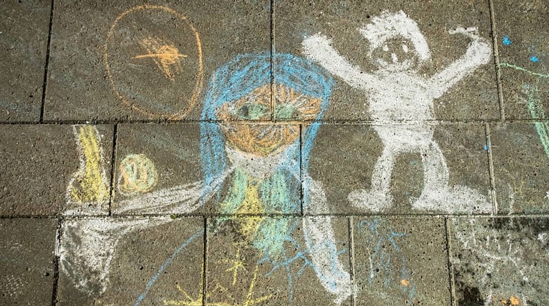 Street painting, chalk paintings on pavement, children's picture, pavement painting, Trondheim, Trøndelag, Norway, Scandinavia, Europe, adventure travel, tourism, Hurtigruten, Hurtigruten voyage, cruise, art, NOR, travel, destination, sea voyage, sightseeing, tourism, Trøndelag, Norwegian, Scandinavian, touristic