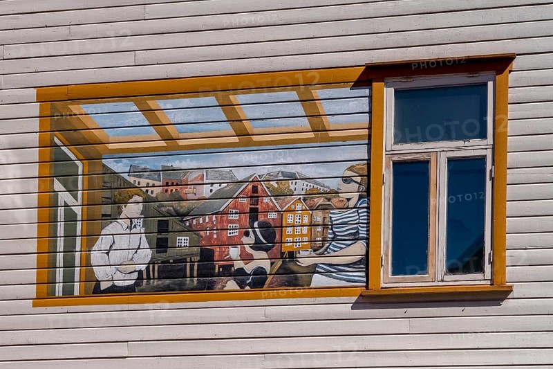 Painting on house facade, window, Trondheim, Trøndelag, Norway, Scandinavia, Europe, adventure travel, tourism, house wall, Hurtigruten, Hurtigruten trip, cruise, NOR, travel, destination, sea trip, sightseeing, tourism, Trøndelag, Norwegian, Scandinavian, touristic