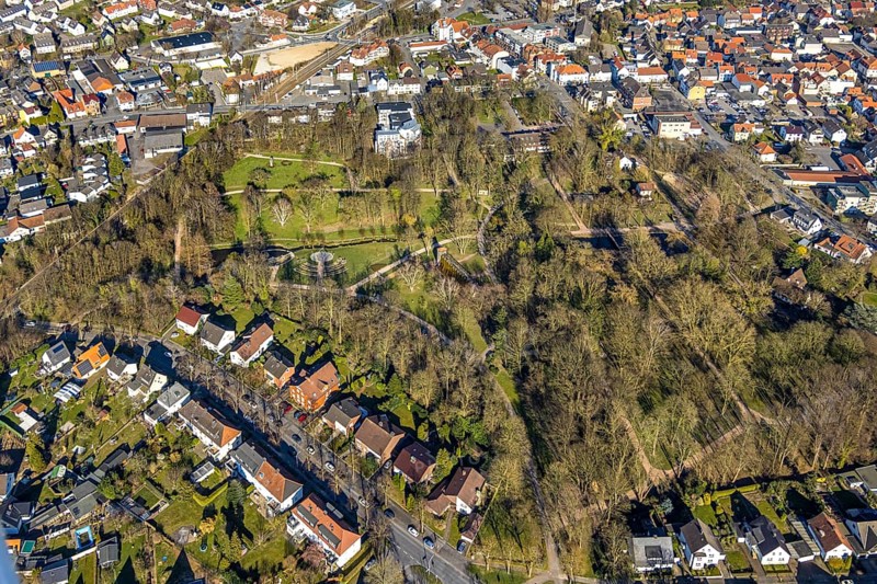 Aerial view, spa garden and Stadtpark, Werl, Soester Börde, North Rhine-Westphalia, Germany, DE, Europe, aerial view, aerial photography, aerial photography, recreation area, park, overview, bird's eye view, birds-eyes view, green lung, overview