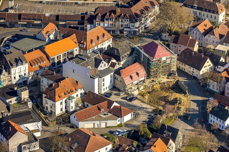 Aerial view, construction site with new building on the corner of Kämperstraße and Steinerstraße, former Fredrich and Neuschäfer furniture store, Werl, Werl-Unnaer Börde, North Rhine-Westphalia, Germany, worker, architecture, exterior view, construction work, construction worker, construction area, construction site, building plot, construction crane, construction measure, construction project, construction site, DE, development, Europe, progress, building, scaffolding, trade, commercial enterprises, commercial area, commercial area, commercial property, commercial park, commercial site, commercial use, real estate, industrial area, industrial site, infrastructure, construction, intersection, Kämperstraße, aerial view, aerial photography, aerial photography, machines, modernisation, new construction, planning, renovation, city, urban development, Steinerstraße, street, daylight, overview, urban, traffic, bird's-eye view, tools, birds-eyes view, overview