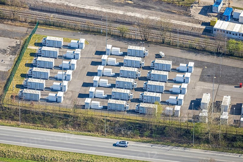 Aerial photo, RWE Generation SE Gersteinwerk power plant, stationary batteries for electricity storage, innovative battery storage, Stockum, Werne, Ruhr area, North Rhine-Westphalia, Germany, DE, Europe, power plant, aerial photo, aerial photography, aerial photography, Münsterland, overview, bird's-eye view, birds-eyes view, overview