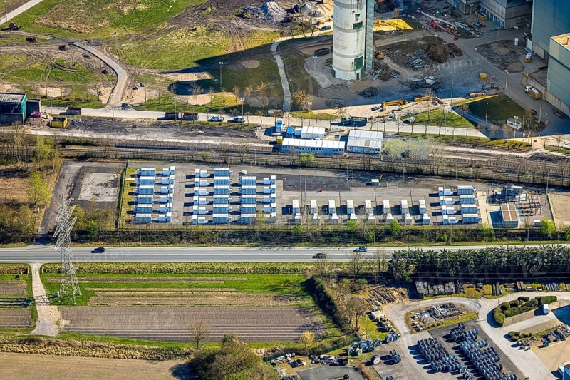 Aerial photo, RWE Generation SE Gersteinwerk power plant, stationary batteries for electricity storage, innovative battery storage, Stockum, Werne, Ruhr area, North Rhine-Westphalia, Germany, DE, Europe, power plant, aerial photo, aerial photography, aerial photography, Münsterland, overview, bird's-eye view, birds-eyes view, overview