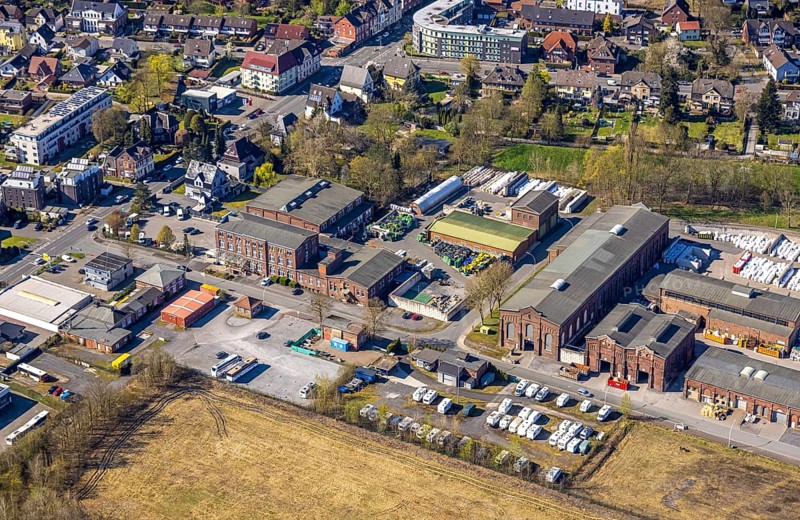 Aerial view, industrial area former Werne colliery shaft 1/2, brownfield site Flöz-Zollverein-Straße, Werne, Ruhr area, North Rhine-Westphalia, Germany, construction site, brownfield site, DE, Europe, aerial view, aerial photography, aerial photography, Münsterland, overview, bird's-eye view, colliery, birds-eyes view, overview