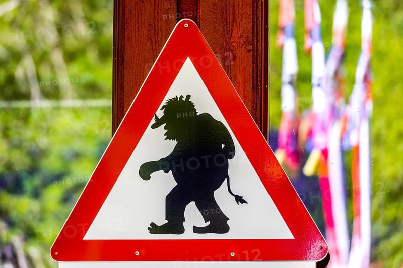 Traffic sign, caution trolls, Innfjorden, Møre og Romsdal, Norway, Scandinavia, Europe, adventure travel, mountain spirit, mythical creature, flags, tourism, danger, Hurtigruten, Hurtigruten voyage, cruise, mythology, Møre og Romsdal, NOR, travel, destination, sign, sea voyage, sightseeing, tourism, troll, caution, forest spirit, warning, Norwegian, Scandinavian, touristic