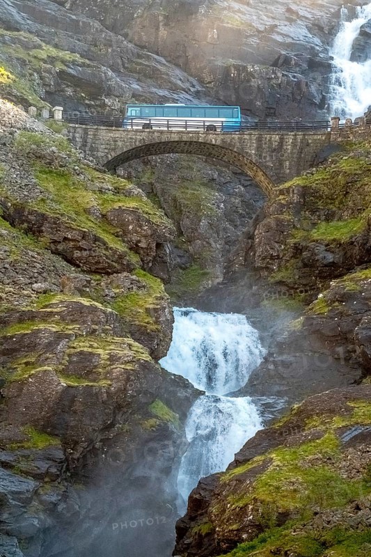 Coach, bridge Stigfossbrua, waterfall Stigfossen, Innfjorden, Møre og Romsdal, Norway, Scandinavia, Europe, adventure trip, mountain road R63, bus, tourism, Hurtigruten, Hurtigruten trip, cruise, Møre og Romsdal, NOR, travel, destination, sea trip, sightseeing, tourism, waterfall, Norwegian, Scandinavian, touristic