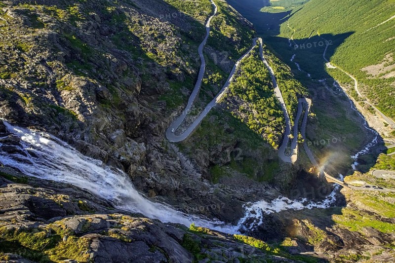 Trollstigen near Andalsnes, serpentines, hairpin bends, Stigfossen waterfall, Innfjorden, Møre og Romsdal, Norway, Scandinavia, Europe, adventure trip, mountain road R63, tourism, Hurtigruten, Hurtigruten trip, cruise, Møre og Romsdal, NOR, travel, destination, sea trip, sightseeing, tourism, waterfall, Norwegian, Scandinavian, touristic