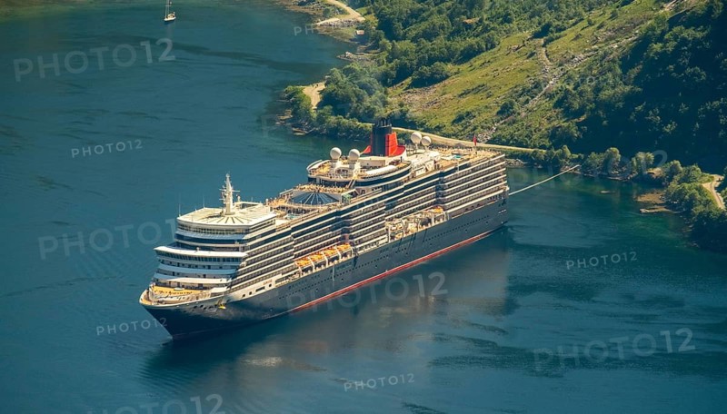 GeirangerFjord, view of Geiranger, ship Queen Elizabeth at anchor, Møre og Romsdal, Norway, Scandinavia, Europe, adventure travel, tourism, Geiranger, harbour, Hurtigruten, Hurtigruten voyage, cruise, cruise ship, Møre og Romsdal, NOR, travel, destination, ship, sea voyage, sightseeing, tourism, UNESCO World Heritage Site, Norwegian, Scandinavian, touristic