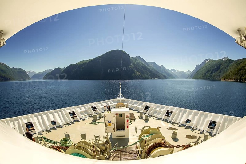 Panoramic view, bow, Storfjord, tranda, Møre og Romsdal, Norway, Scandinavia, Europe, adventure trip, view, mountains, mountainside, fjord, tourism, mountains, mountain range, mountain landscape, mountain range, Hurtigruten, Hurtigruten voyage, cruise, Møre og Romsdal, NOR, panoramic view, panoramic photo, travel, destination, ship's bow, sea voyage, sightseeing, Stranda, tourism, blue sea, Norwegian, Scandinavian, touristic