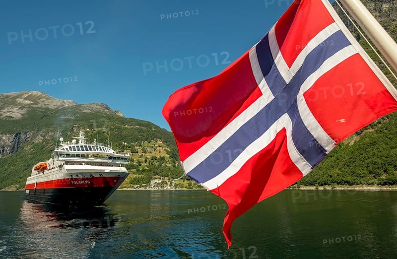 Ship MS Polarlys, Norwegian flag, Geiranger, Møre og Romsdal, Norway, Scandinavia, Europe, adventure trip, flags, tourism, Hurtigruten, Hurtigruten trip, cruise, cruise ship, Møre og Romsdal, NOR, national flag, trip, destination, ship, shipping, sea trip, sightseeing, tourism, Norwegian, Scandinavian, touristic