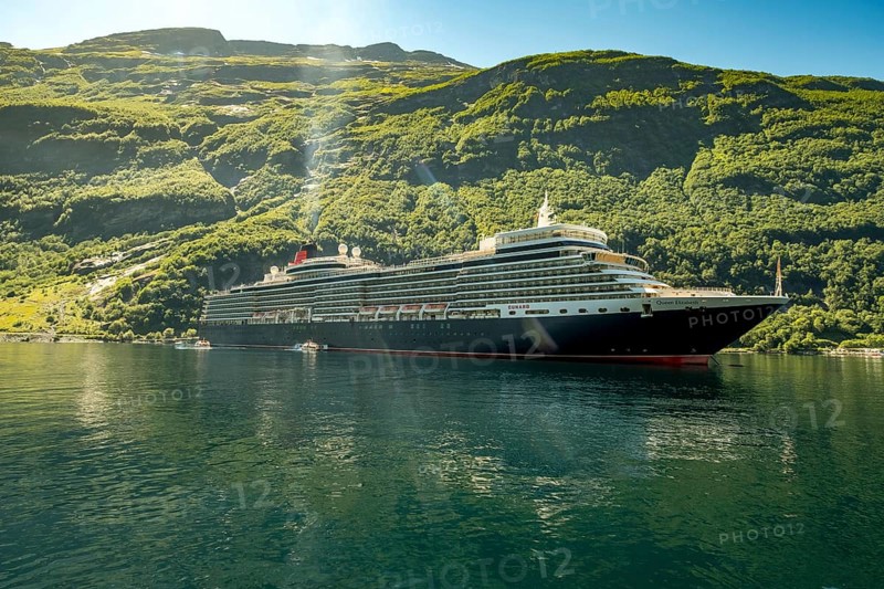 Ship RMS Queen Elizabeth, Geiranger, Møre og Romsdal, Norway, Scandinavia, Europe, adventure travel, mountainside, tourism, Hurtigruten, Hurtigrutenreise, cruise, cruise ship, Møre og Romsdal, NOR, passenger ship, travel, destination, Royal Mail Ship, ship, sea voyage, sightseeing, tourism, Norwegian, Scandinavian, touristic
