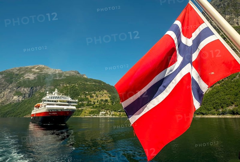 Ship MS Polarlys, Norwegian flag, Geiranger, Møre og Romsdal, Norway, Scandinavia, Europe, adventure trip, flags, tourism, Hurtigruten, Hurtigruten trip, cruise, cruise ship, Møre og Romsdal, NOR, national flag, trip, destination, ship, shipping, sea trip, sightseeing, tourism, Norwegian, Scandinavian, touristic