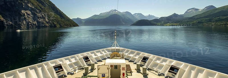 Panoramic view, bow, Storfjord, tranda, Møre og Romsdal, Norway, Scandinavia, Europe, adventure trip, view, mountains, mountainside, fjord, tourism, mountains, mountain range, mountain landscape, mountain range, Hurtigruten, Hurtigruten voyage, cruise, Møre og Romsdal, NOR, panoramic view, panoramic photo, travel, destination, ship's bow, sea voyage, sightseeing, Stranda, tourism, blue sea, Norwegian, Scandinavian, touristic