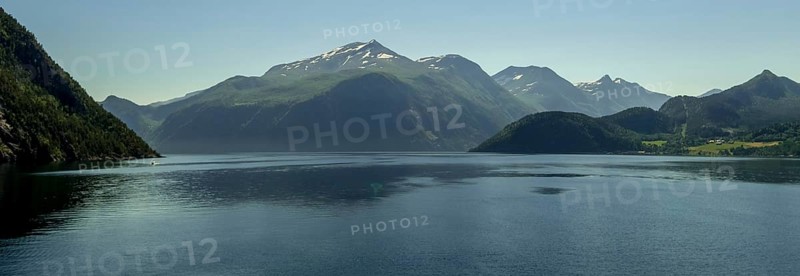 Panoramic view, fjord and mountain formations, Storfjord, Stranda, Møre og Romsdal, Norway, Scandinavia, Europe, adventure trip, mountains, fjord, tourism, Hurtigruten, Hurtigruten trip, cruise, Møre og Romsdal, NOR, nature, panoramic view, panoramic photo, travel, destination, ship bow, sea trip, sightseeing, tourism, blue sea, Norwegian, Scandinavian, touristic
